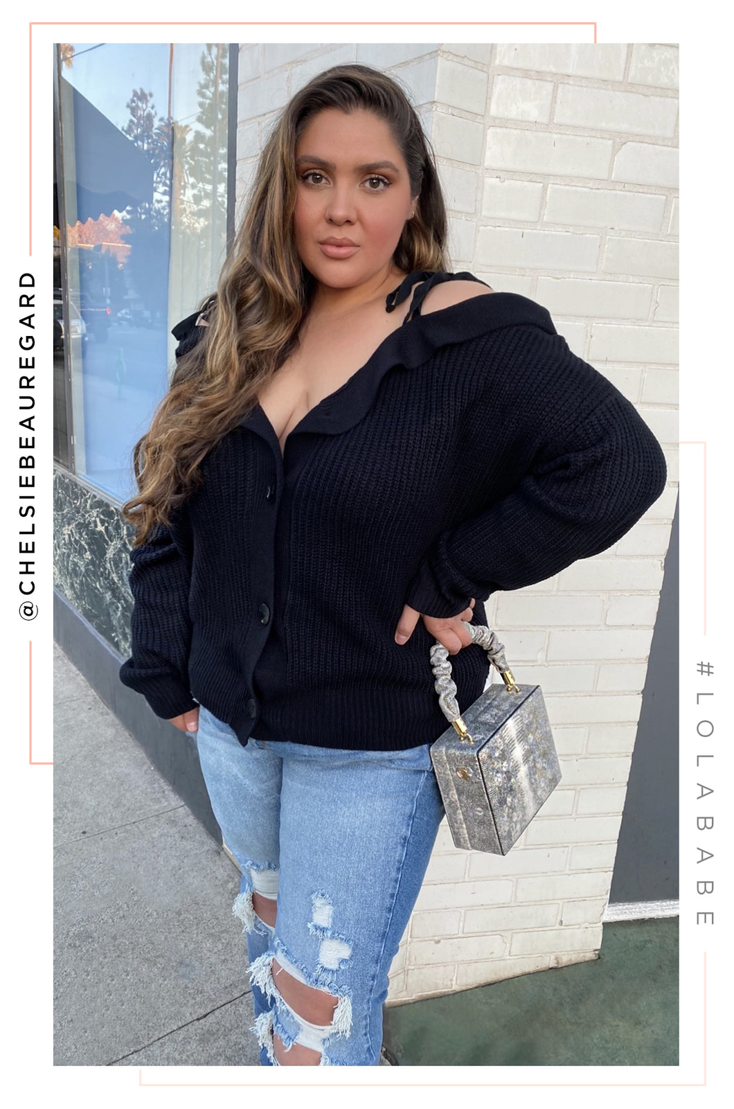 Curve Model Wearing Long Sleeve Off Shoulder Cardigan