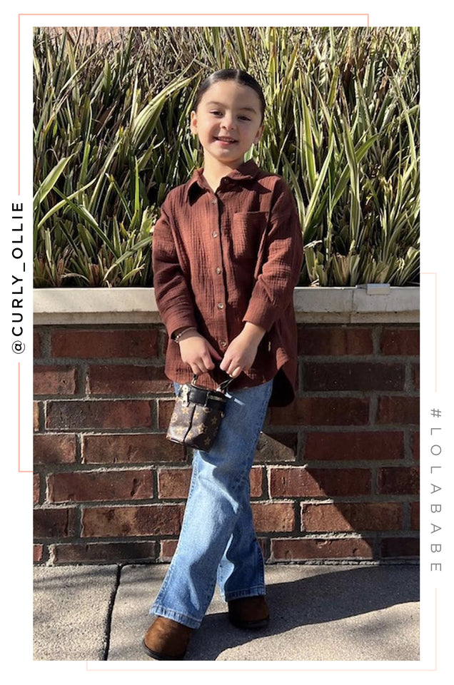Load image into Gallery viewer, Little Girl Wearing Brown Crinkled Shirt
