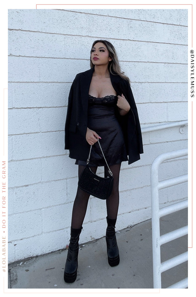 Load image into Gallery viewer, Black Dress Styled With Black Blazer And Black Booties
