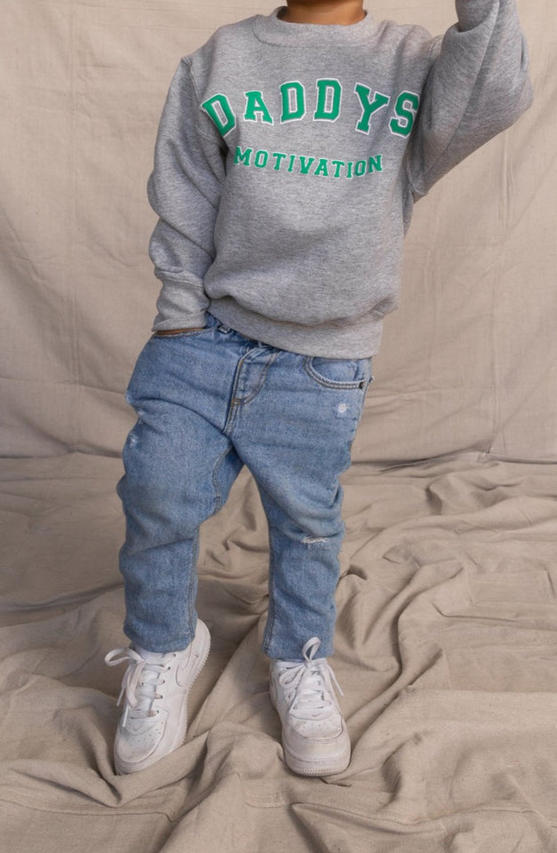 Load image into Gallery viewer, Daddy&#39;s Motivation Varsity Kids Crewneck Sweatshirt - Grey
