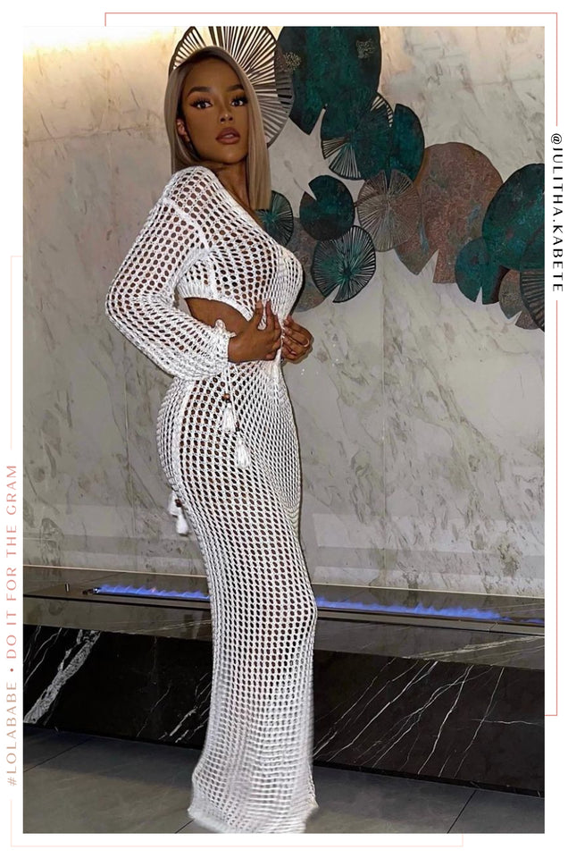 Load image into Gallery viewer, Long Sleeve White Crochet Dress
