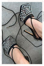 Load image into Gallery viewer, Audra Embellished Fishnet Lace Up Heels - Black
