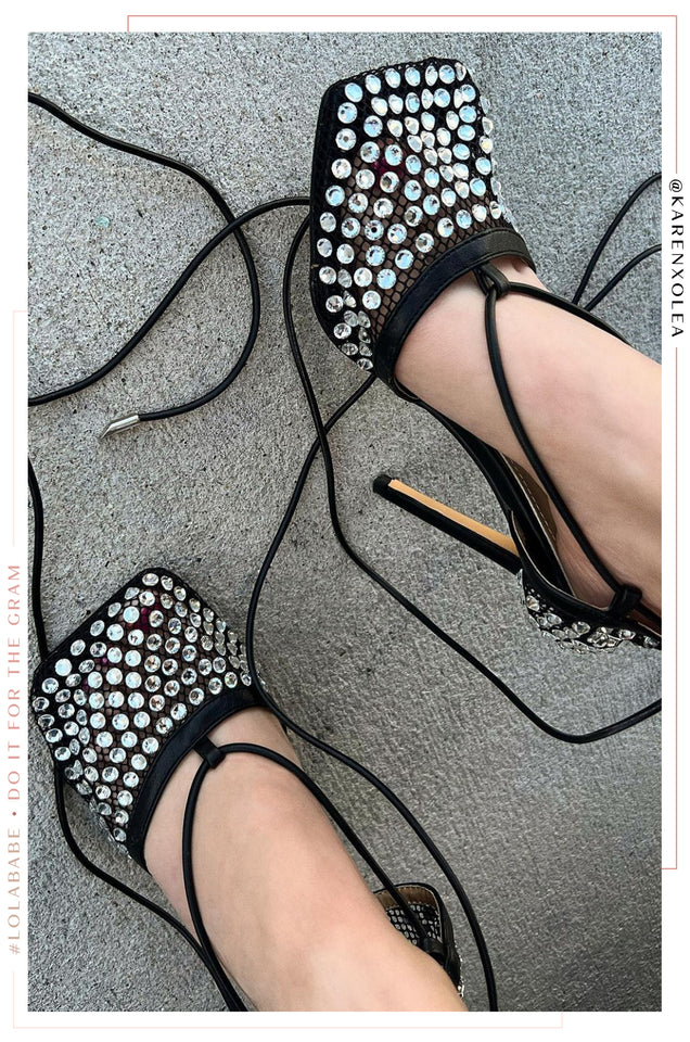 Load image into Gallery viewer, Audra Embellished Fishnet Lace Up Heels - Black

