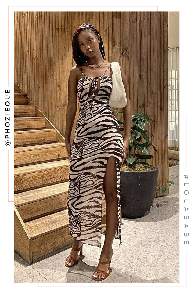 Load image into Gallery viewer, woman casually standing wearing zebra print dress matched with slip on faux suede chunky mule heels 
