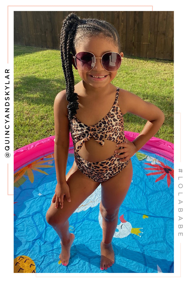 Girls' Leopard Print Knotted One Piece Swimsuit - art class™ Black M Plus