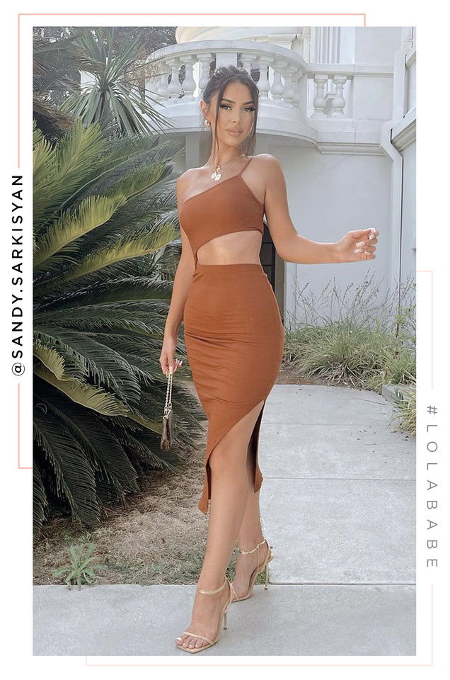 Load image into Gallery viewer, Women Standing Wearing Rust Cutout Dress and Nude Single Sole High Heels with Gold-Tone Adjustable Ankle Straps
