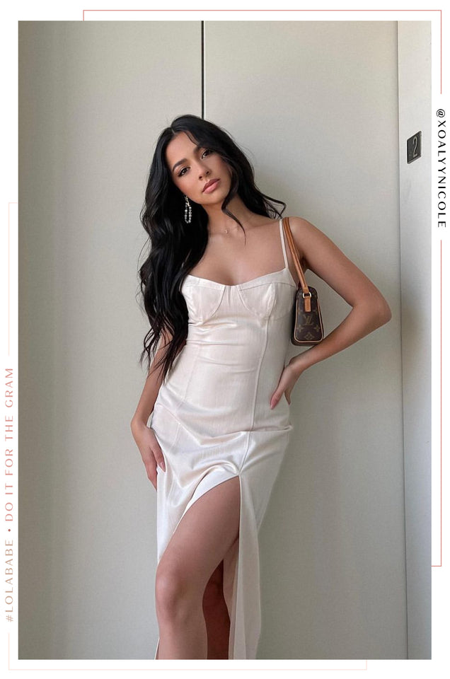 Miss Lola | Cream Side Slit Midi Dress MISS LOLA Miss Lola | Cream Side Slit Midi Dress MISS LOLA