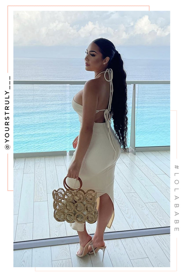 Load image into Gallery viewer, cream midi halter dress 

