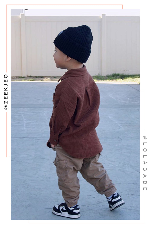 Load image into Gallery viewer, Boy Wearing Beanie, Button Up Shirt and Cargo Pants
