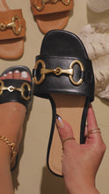 Load and play video in Gallery viewer, Gold tone hardware black sandals detail video
