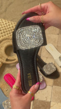 Load and play video in Gallery viewer, Black Faux Satin Embellished Slip On Sandals
