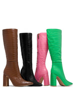 Load image into Gallery viewer, All Colors Available - Tan, Black, Pink and Green Embossed Croc Block Heel Knee High Boots
