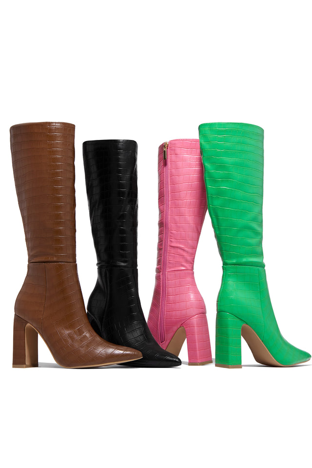 Load image into Gallery viewer, All Colors Available - Tan, Black, Pink and Green Embossed Croc Block Heel Knee High Boots
