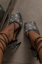 Load image into Gallery viewer, Audra Embellished Fishnet Lace Up Heels - Black
