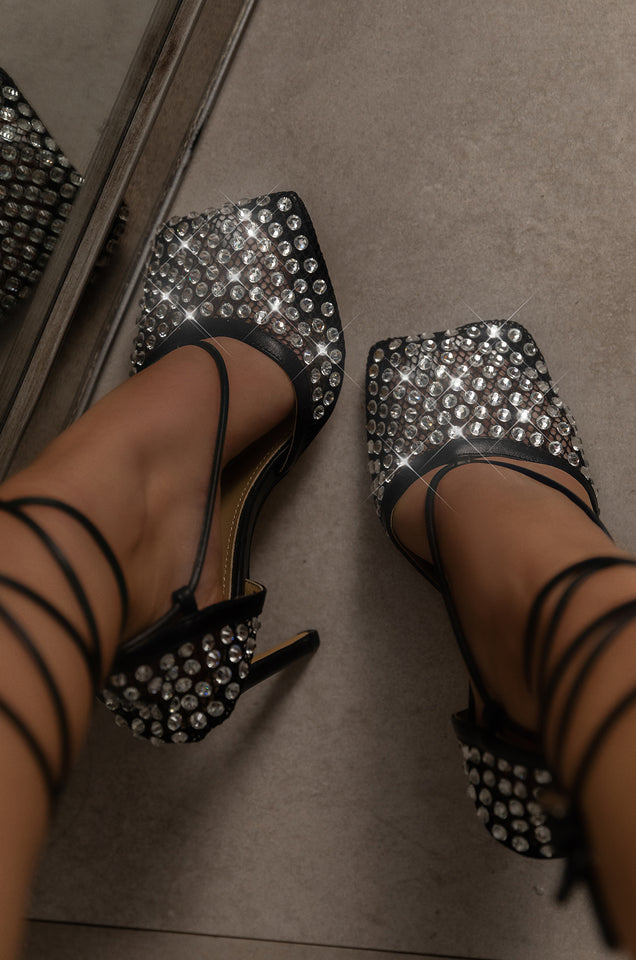 Load image into Gallery viewer, Audra Embellished Fishnet Lace Up Heels - Black
