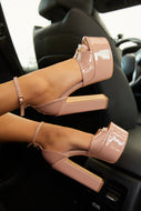 Nude Platform Chunky Heels with Peep Toe and Mary Jane Strap