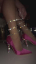 Load and play video in Gallery viewer, pink pumps with rhinestone coil detail going around heel and ankle
