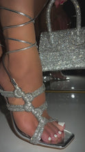 Load and play video in Gallery viewer, Silver Embellished Lace Up Heels on Model
