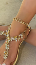 Load and play video in Gallery viewer, gold embellished thong strap sandals detail video
