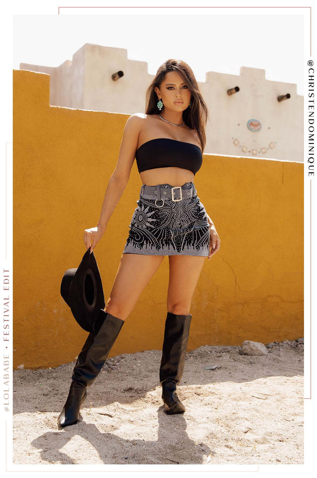 Load image into Gallery viewer, Women Standing with Black Mini Skirt with Embellishments
