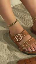 Load and play video in Gallery viewer, Tan sandals with gold embellishments and adjustable straps video
