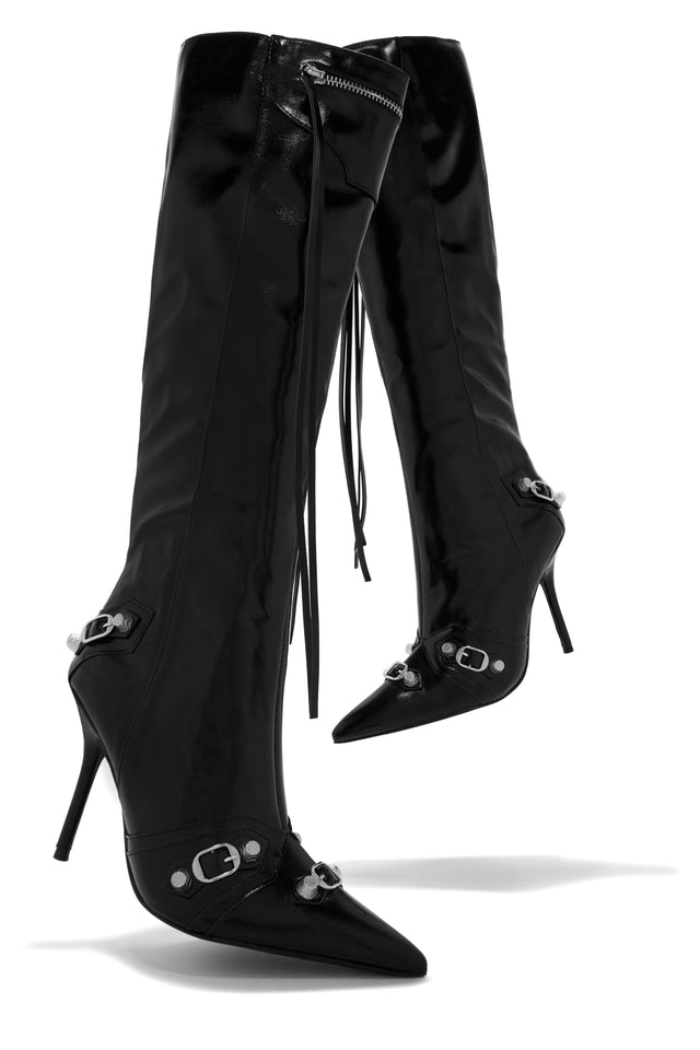 Load image into Gallery viewer, Black Knee High Boots with Silver-Tone Hardware
