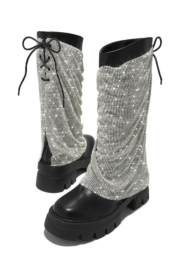 Load image into Gallery viewer, Black Chunky Boots with Rhinestone Detailed Cover
