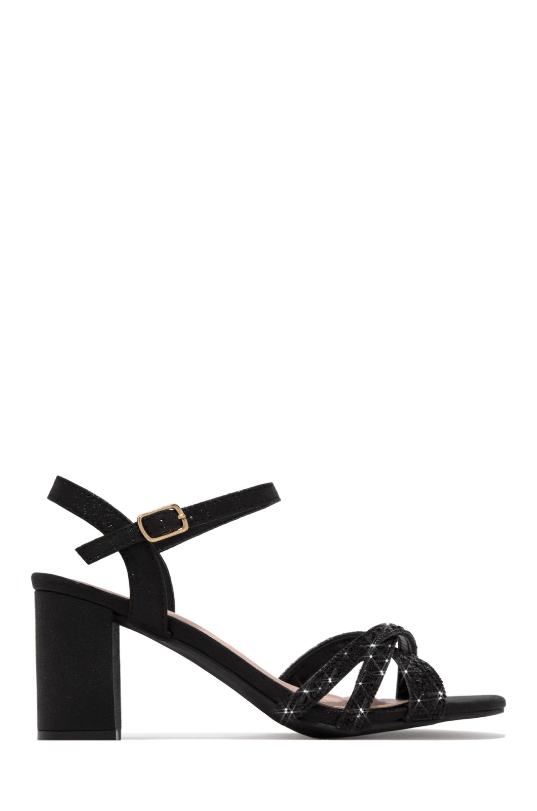 Black Block Heels with Embellished Toe Straps