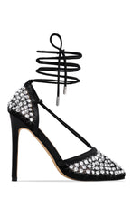 Load image into Gallery viewer, Audra Embellished Fishnet Lace Up Heels - Black
