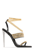 Load image into Gallery viewer, Black High Heels with Rhinestone and Gold Chain Detailing
