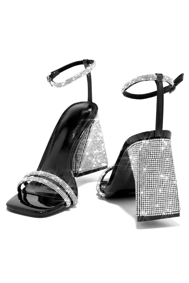 Glamorous embellished heel strap detail sandals in black and silver | ASOS