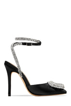 Load image into Gallery viewer, Black Satin Heel Pumps with Embellished Heart Pendant
