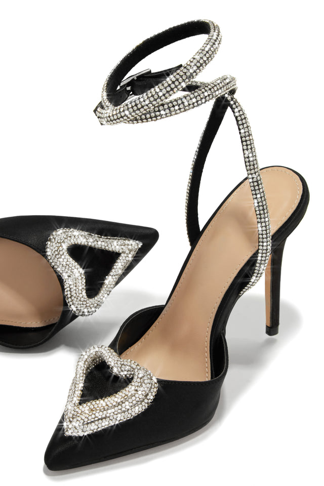Load image into Gallery viewer, Black Faux Satin Pumps with Embellished Detailing
