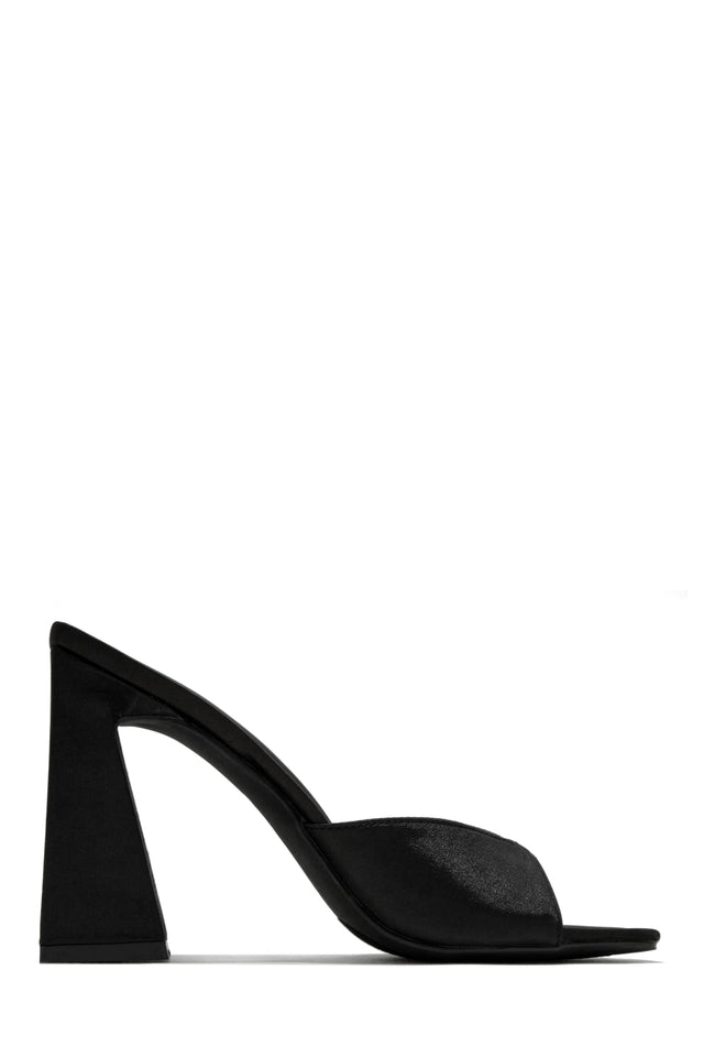 Load image into Gallery viewer, black satin shoe with comfortable chunky heel 
