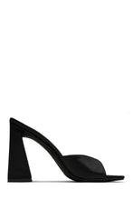 Load image into Gallery viewer, black satin chunky heel to pair with all of your spring and summer outfits.
