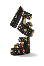 Load image into Gallery viewer, Black Platform Slip On Heels with Multi Color Stone Detailing
