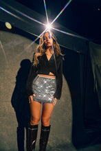 Load image into Gallery viewer, Long Sleeve Blazer Styled with Silver Mini Skirt
