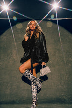 Load image into Gallery viewer, Model Wearing Coat as a Dress with Zebra Boots and Silver Bag
