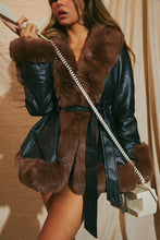 Load image into Gallery viewer, PU Waist Belt jacket with Brown Faux Fur tRIM

