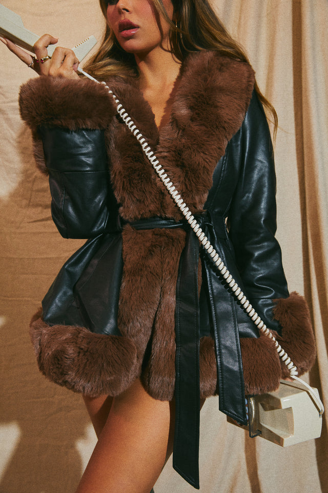 Load image into Gallery viewer, PU Waist Belt jacket with Brown Faux Fur tRIM
