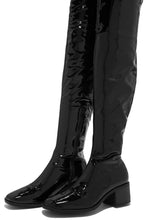 Load image into Gallery viewer, Black Pat OTK Boots with Block Mid Heel

