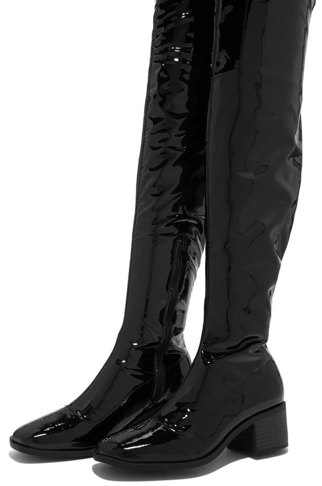 Load image into Gallery viewer, Black Pat OTK Boots with Block Mid Heel
