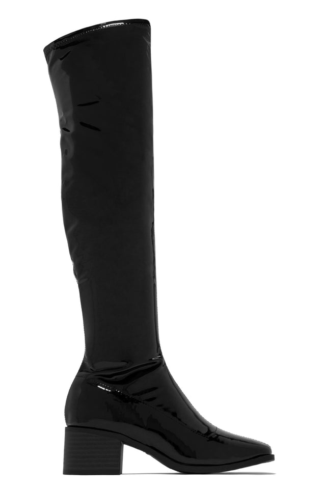 Miss Lola | Black Pat Over The Knee Boots – MISS LOLA