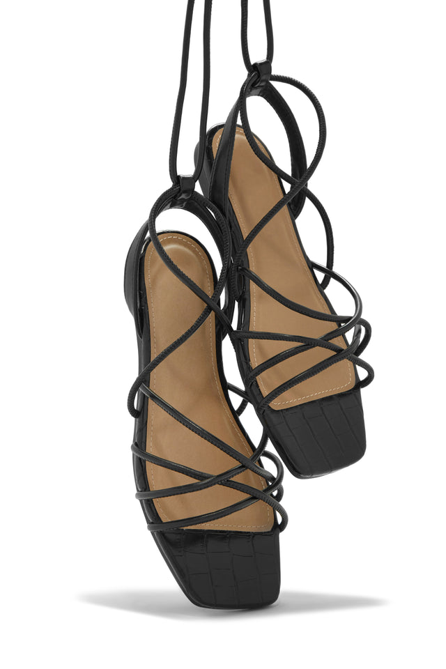 Load image into Gallery viewer, Strappy Croc Black Lace Up Sandals
