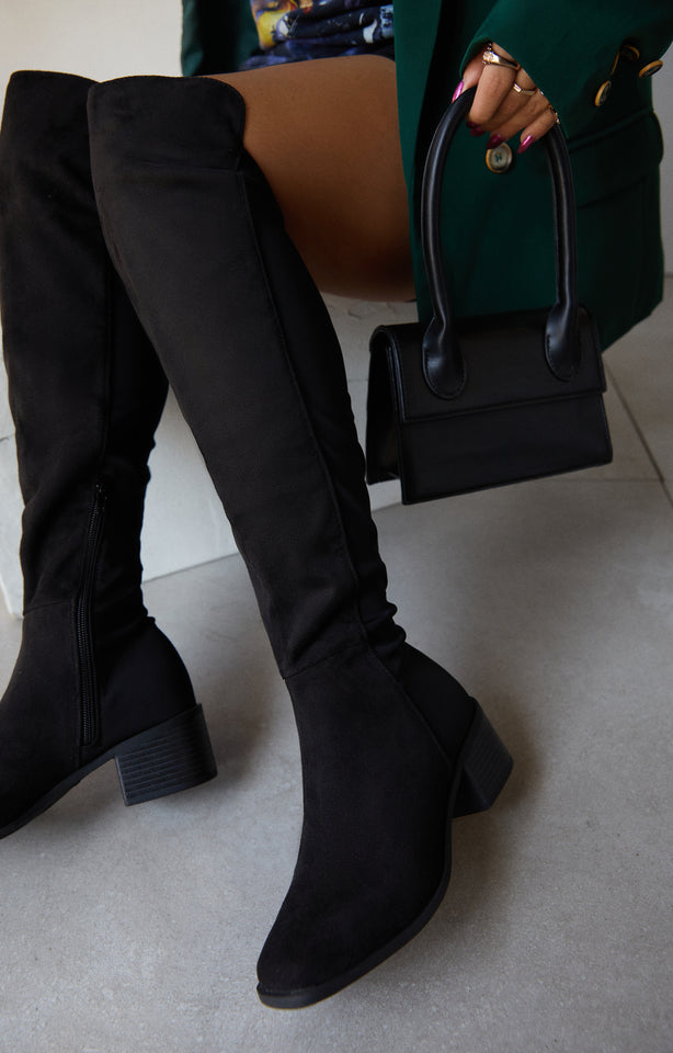 Load image into Gallery viewer, Model Wearing Over the Knee Faux Suede Boots 

