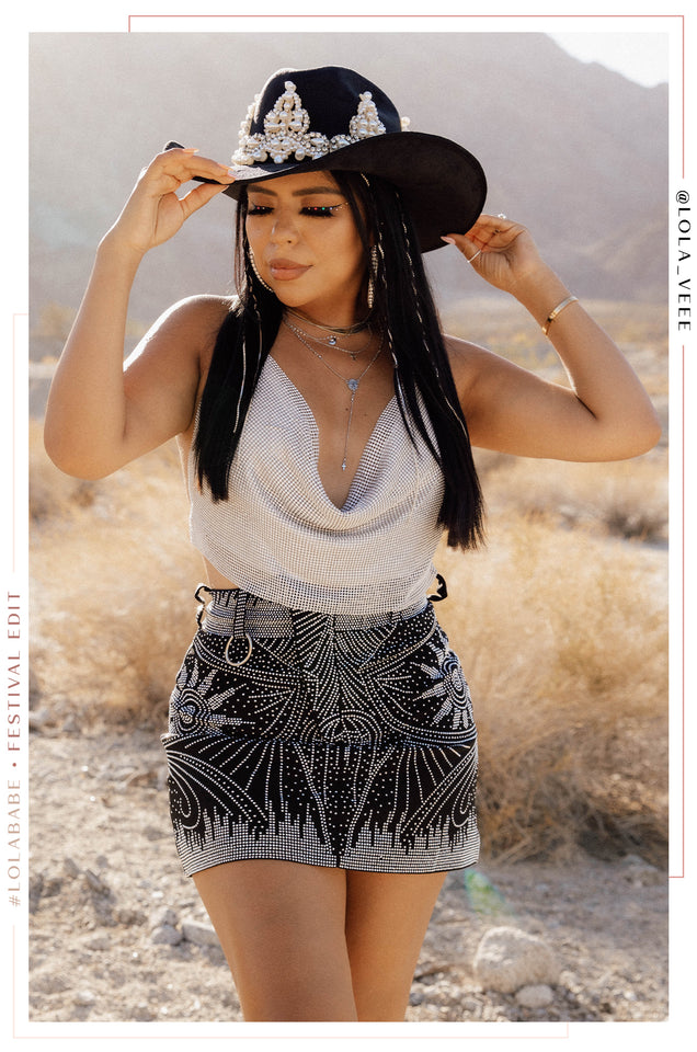 Load image into Gallery viewer, Women Standing with Black Mini Embellished Skirt
