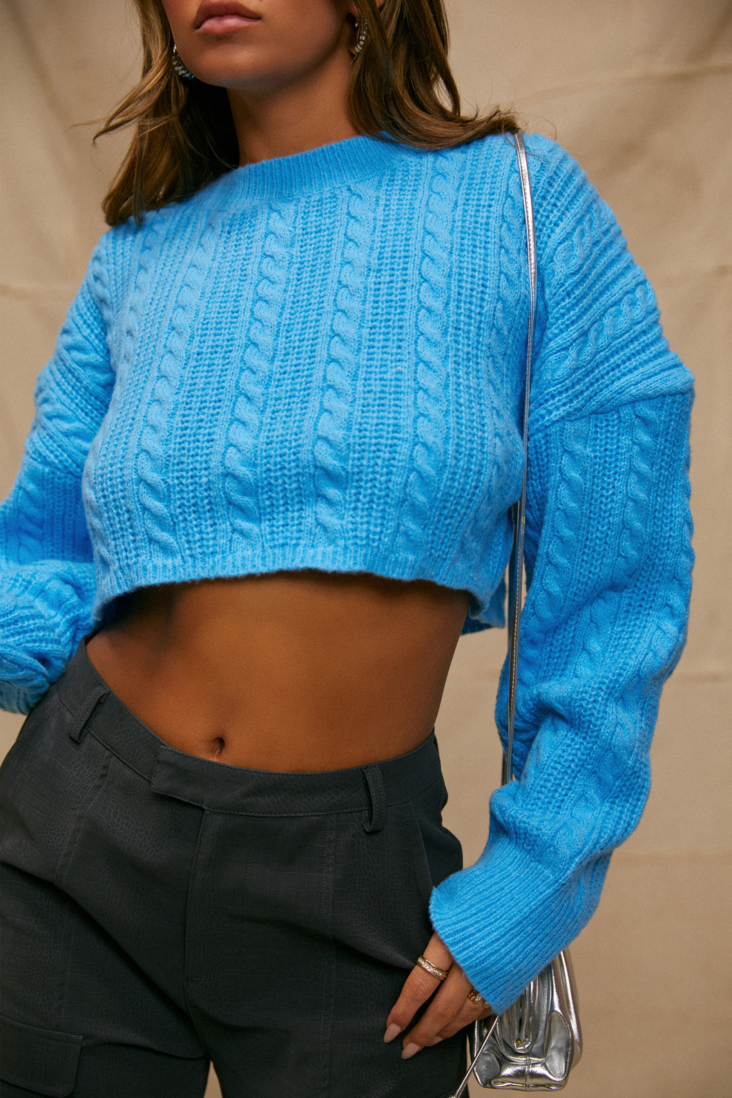 Blue Crop Long Sleeve Knit Sweater