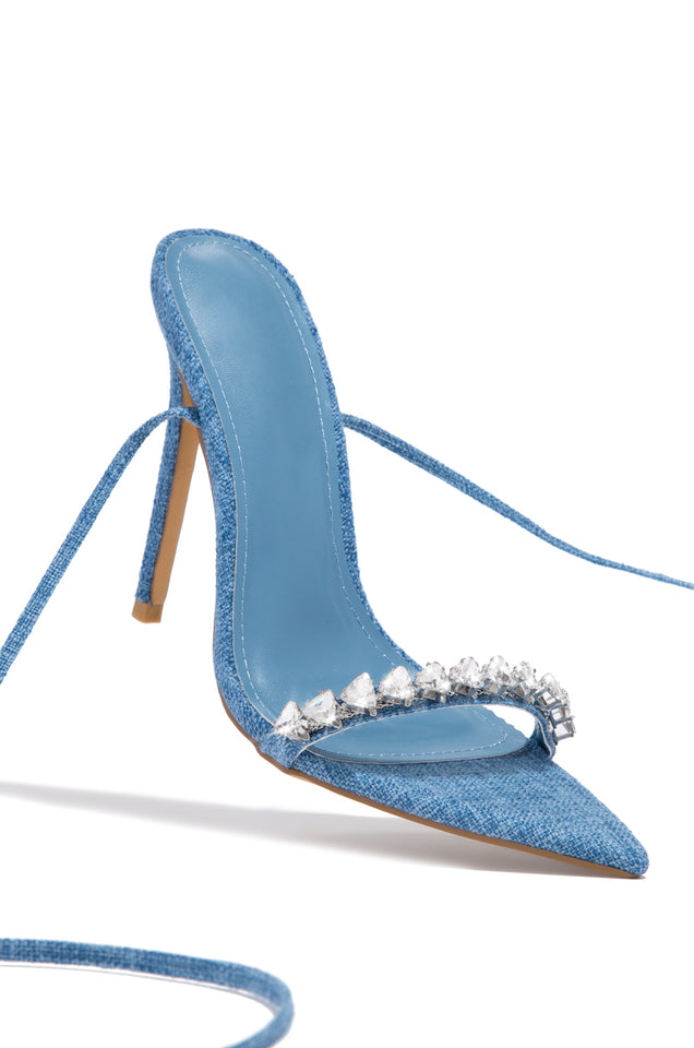 Load image into Gallery viewer, Blue Embellished Toe Strap High Heels
