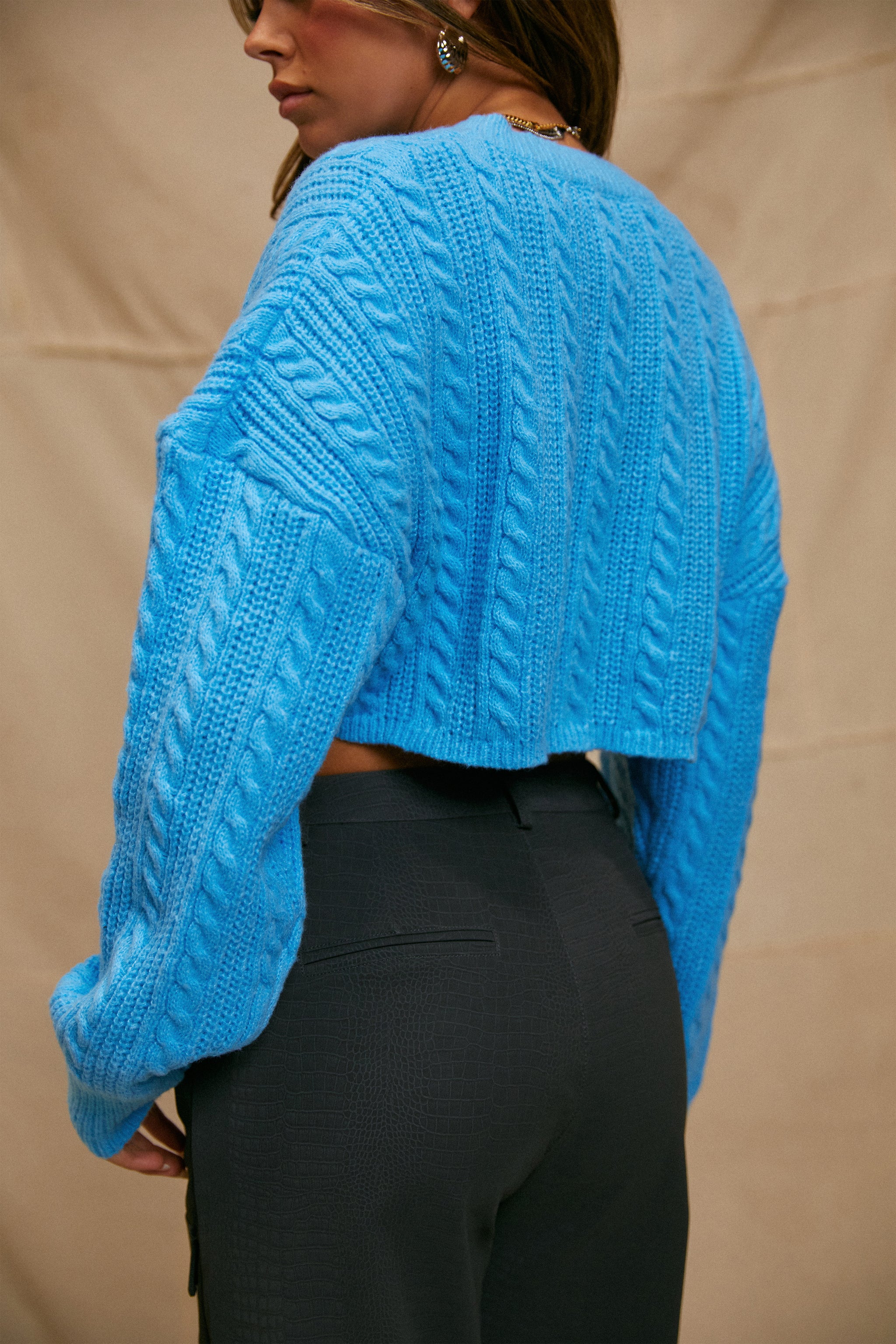 Miss Lola Blue Cable Knit Cropped Sweater MISS LOLA