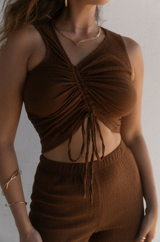Load image into Gallery viewer, Brown Mocha Asymmetrical Ruched Top
